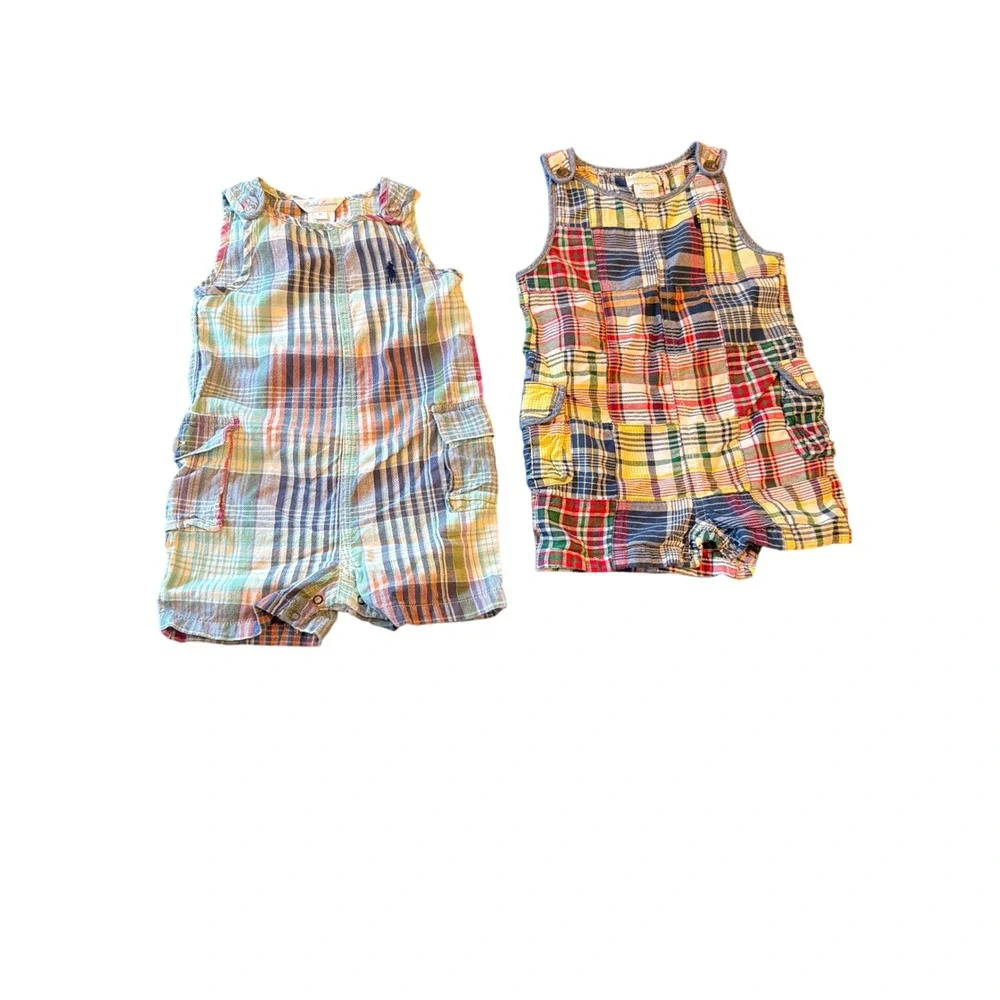 Ralph Lauren Romper Multicolored Patchwork Madras Plaid Shortall Set 9M 2pc